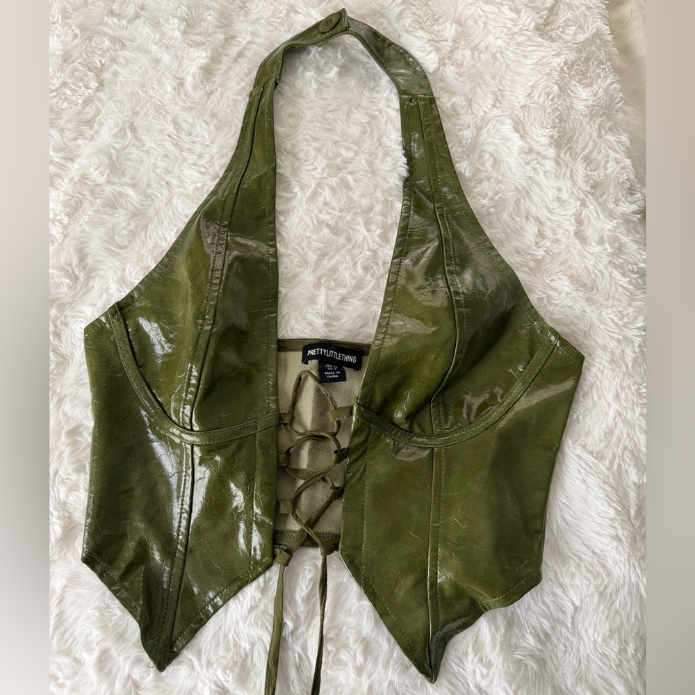 PrettyLittleThing Olive Leather Halter Top